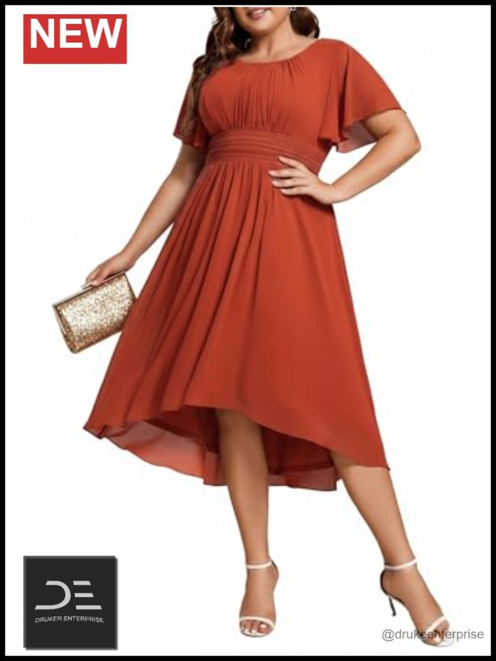 Chiffon High Low Midi Dress Plus Size Cocktail Wedding Guest Flutter